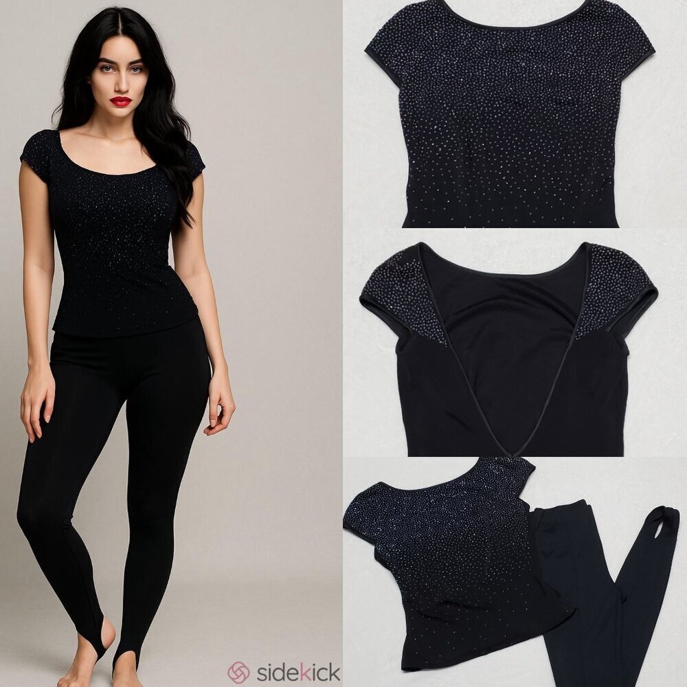 VINTAGE 80s Tadashi Black Metallic Swiss Dot Backless Top High Rise Stirrup Pant